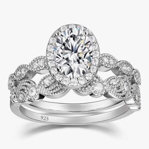 NWT-1.5CT .925 Sterling Silver Oval Halo CZ Bridal Set
